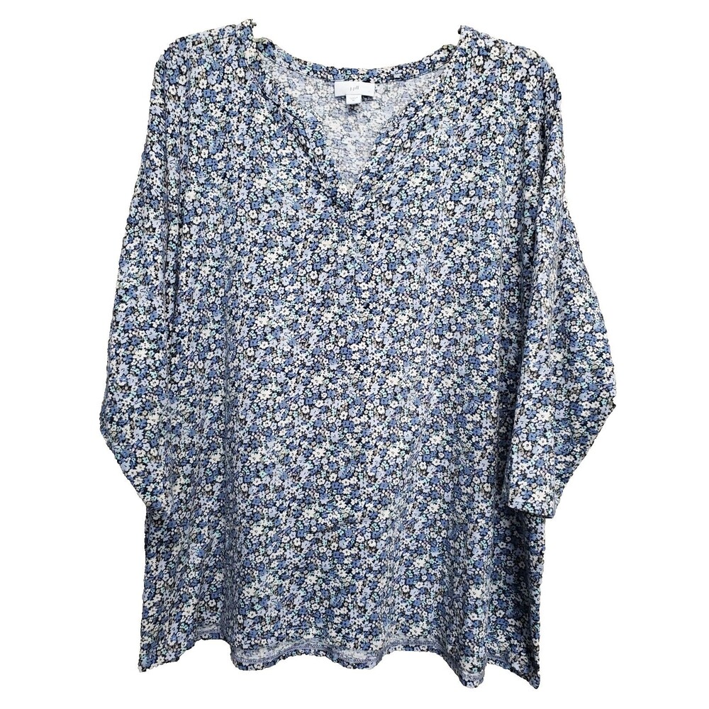 J Jill Cotton Blend Ditsy Floral Print Notch Neck Knit Top Size XL Cottagecore